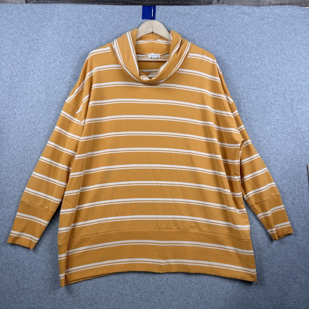 Garnet Hill Shirt Womens XL Yellow Stripe Cowl Neck Tunic Long Sleeve Top